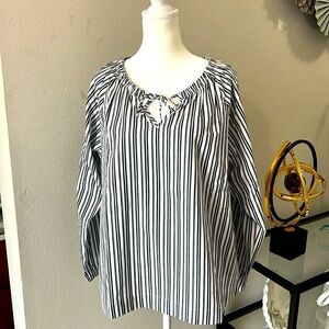 Nine West Stonewash Stripe Woven Tie Neck Top Size M